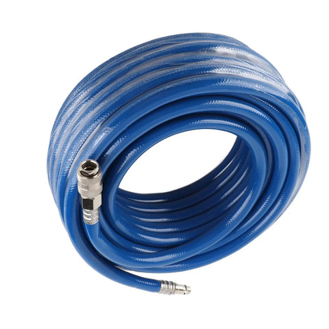 Rock Solid Heavy Duty 15 Meter Reinforce PVC Air Hose With Euro Quick Connect Coupler, coiled blue hose with metal connector.