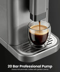 Top Shelf Automatic Espresso Machine With Built In Grinder And Rapid Milk Frother brewing espresso into a glass.
