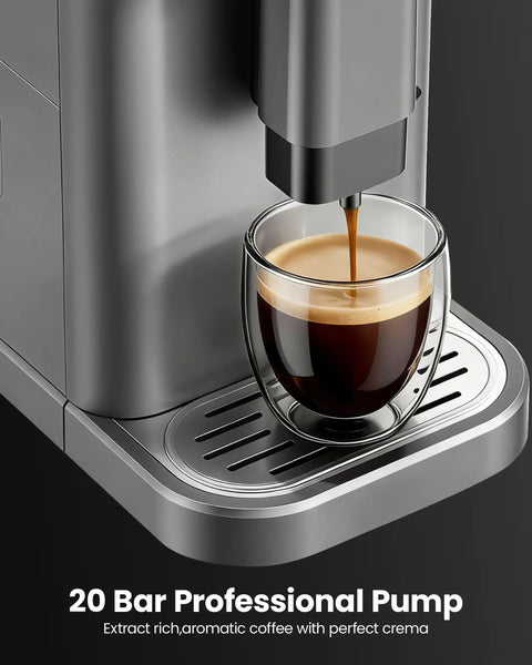 Top Shelf Automatic Espresso Machine With Built In Grinder And Rapid Milk Frother brewing espresso into a glass.