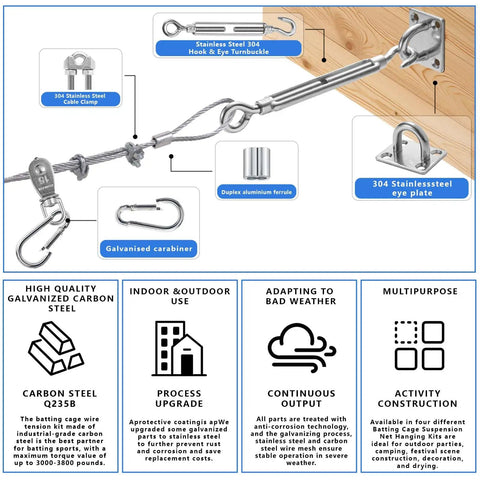 Heavy Duty Batting Cage Cable Tension Kit with labeled components and safety features for backyard setup.
