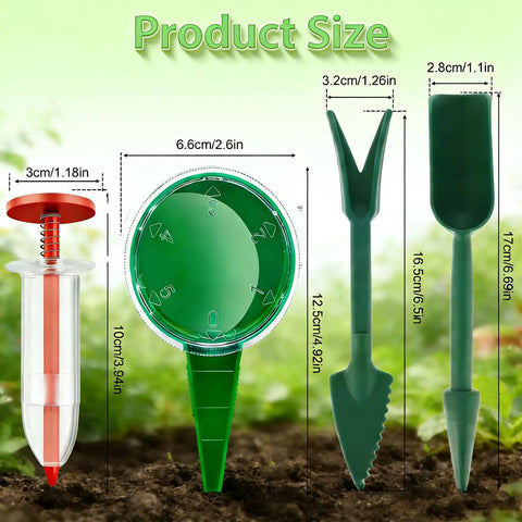 Product size of Mini Seed Spreader Set For Easy No Mess Even Planting, 12 Pack Handheld Seed Sower Kit With Dibber Tools Green