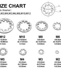 Size chart for 320Pcs Lock Washers Set With Internal Tooth Star Washers In 304 Stainless Steel 8 Sizes M2.5-M12