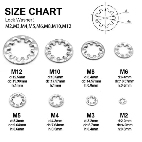 Size chart for 320Pcs Lock Washers Set With Internal Tooth Star Washers In 304 Stainless Steel 8 Sizes M2.5-M12