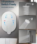 GRANDJOY Shower Faucet Set 10" Rainfall Shower Head Polished Chrome displaying diverter with three shower options.