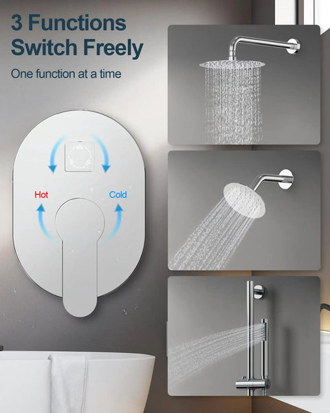 GRANDJOY Shower Faucet Set 10" Rainfall Shower Head Polished Chrome displaying diverter with three shower options.