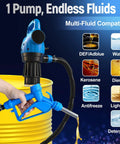 Heavy Duty Electric Drum Barrel Pump For 55 Gallon Drums Dual Power 120V AC And 12V DC with blue handle dispensing fluid.