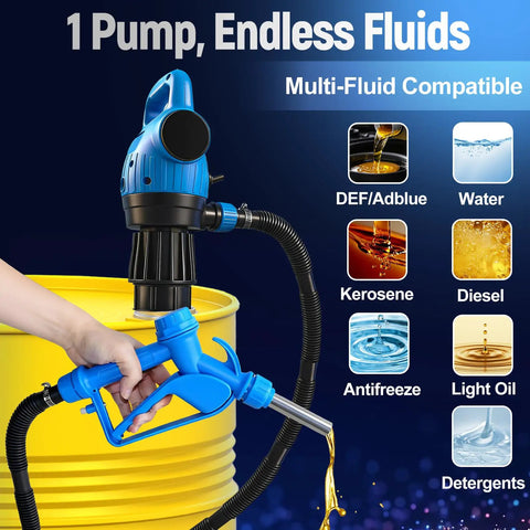 Heavy Duty Electric Drum Barrel Pump For 55 Gallon Drums Dual Power 120V AC And 12V DC with blue handle dispensing fluid.