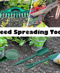 Versatile 7 Piece Seed Spreader Set With 12 Hole Seeder and handheld tool in a garden setting