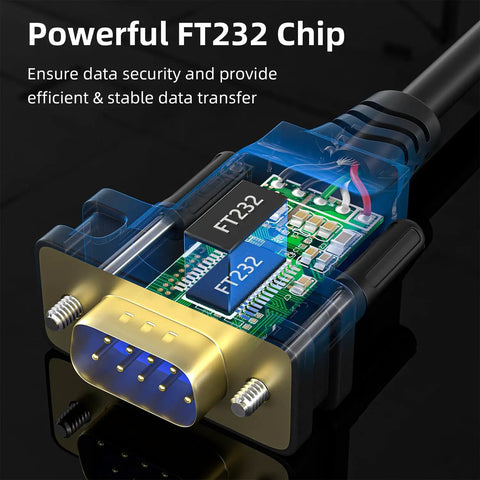USB To RS232 Serial Adapter Cable With FTDI Chipset USB 2.0 To DB9 Male Cable For Windows 11 10 8 7 Vista XP 2000 Mac Linux 6 Foot Length No Sweat Plug And Play Reliable Legacy Serial Port Connectivity For Industrial Gear And Modems featuring powerful FT232 chip