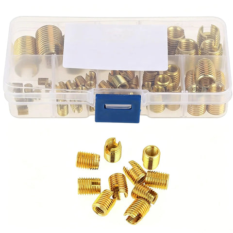 Self-Tapping Thread Inserts Kit, 50-Piece Brass Set, M3 to M12 Range, Heavy-Duty Repair and Reinforcement for Metal Threads, Includes Storage Box for Easy DIY Organization, brass inserts in organizer box