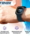 Wrist-Worn Tennis Elbow Brace For Men And Women With Non-Compression Support That Relieves Tendonitis And Golfers Elbow, shown worn outdoors