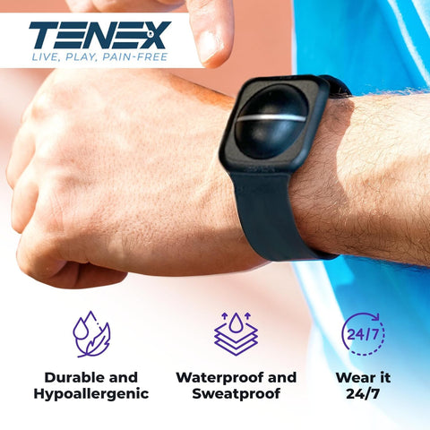 Wrist-Worn Tennis Elbow Brace For Men And Women With Non-Compression Support That Relieves Tendonitis And Golfers Elbow, shown worn outdoors