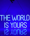 17 By 8 Inch LED Neon Blue The World Is Yours Dimmable Wall Sign With USB Power Adjustable Brightness Acrylic Backboard Hanging