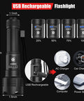 Rechargeable 8000 Lumen LED Flashlight With Zoomable Beam IPX4 Water Resistant Handheld Tactical Light charging options