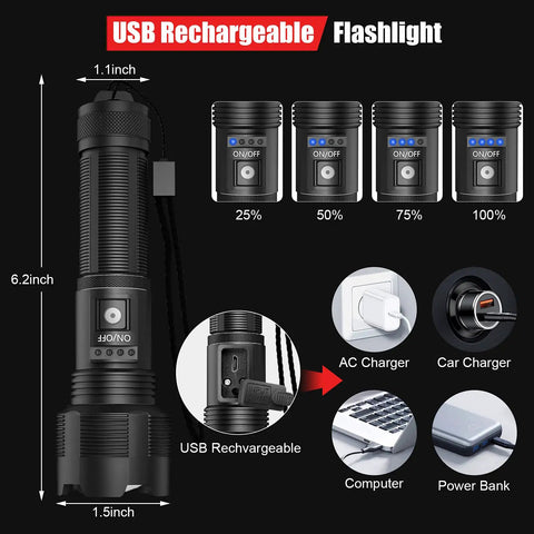 Rechargeable 8000 Lumen LED Flashlight With Zoomable Beam IPX4 Water Resistant Handheld Tactical Light charging options