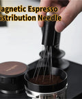 Professional Game Changing Coffee Distribution Tool With Magnetic Stand And Adjustable Wdt Needle Barista Coffee Stirrer For Espresso Smooth Pulls Plus Dead On Shots, close-up of needle stirring coffee grounds.