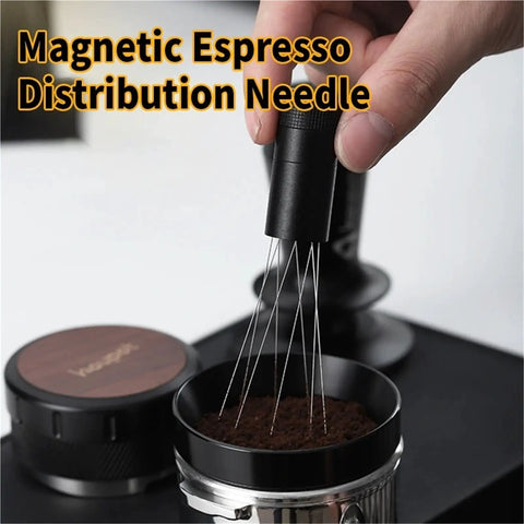 Professional Game Changing Coffee Distribution Tool With Magnetic Stand And Adjustable Wdt Needle Barista Coffee Stirrer For Espresso Smooth Pulls Plus Dead On Shots, close-up of needle stirring coffee grounds.
