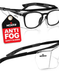 Top Shelf Anti Fog Safety Glasses Designed To Sit Easily Over Glasses With Scratch Proof Lenses Fully Adjustable Temples For Men And Women Providing Crystal Clear Vision And 100 Percent Uv Guard Without The Hassle Or Fog Wrecked Sight Lines. Black frame with anti-fog tag.