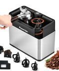 Automatic Electric Portafilter Puck Cleaner With Scrapers And Brush Heads For 51MM And 58MM Espresso Machines showing cleaner with brushes and coffee grounds.