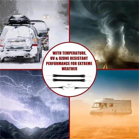 Heavy Duty 6 Inch Rubber Cords With Hooks, 10 Pack Bungee Straps For Trucks And Cargo, collage of extreme weather.
