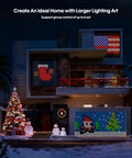 Color Changing LED Curtain Lights With Remote And App Control For Bedroom And Living Room 6.6 By 6.6 Feet 400 LEDs RGB IC DIY Mood Backdrop Decor For Holidays And Parties installed on a house during Christmas with Santa and stocking designs.