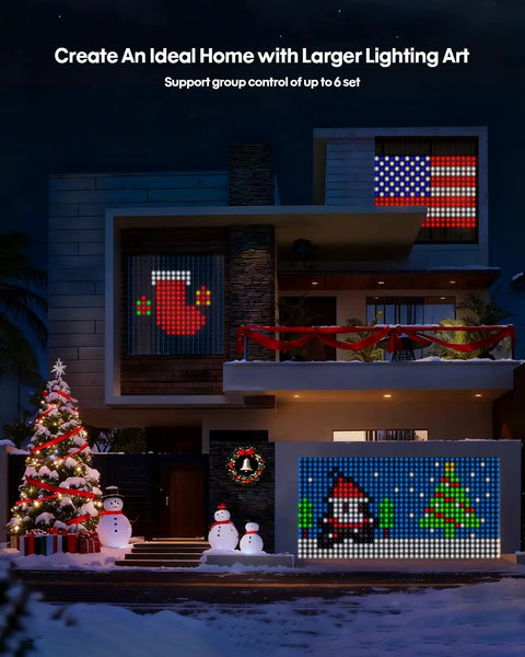 Color Changing LED Curtain Lights With Remote And App Control For Bedroom And Living Room 6.6 By 6.6 Feet 400 LEDs RGB IC DIY Mood Backdrop Decor For Holidays And Parties installed on a house during Christmas with Santa and stocking designs.