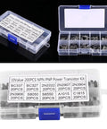 Bulk General Purpose Transistors Kit 200 Pieces Ten Value Silicon Transistors Assortment Including BC337 BC327 2N2222 2N2907 2N3904 2N3906 For Hobbyists And DIY Electronics Projects in labeled box