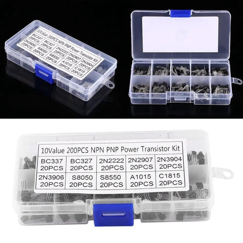 Bulk General Purpose Transistors Kit 200 Pieces Ten Value Silicon Transistors Assortment Including BC337 BC327 2N2222 2N2907 2N3904 2N3906 For Hobbyists And DIY Electronics Projects in labeled box