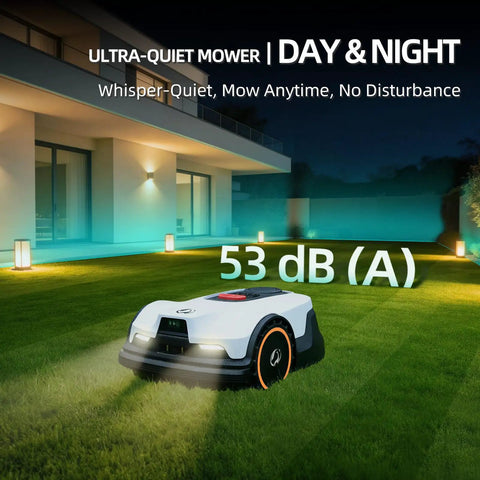 DW3000 Wireless Robotic Lawn Mower With GPS RTK AI Vision Navigation operating quietly at night, showing 53 dB noise level.
