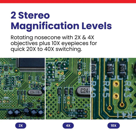 Cordless LED Stereo Microscope With Dual Illumination 20X And 40X Magnification Widefield Glass Optics Forward Binocular Head Sturdy All Metal Pillar Stand Awesome For Lab Work Education Electronics And Crafting, PCB close-up 2X 4X 10X views