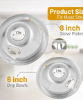 Four Piece Chrome Electric Stove Drip Pans Set for GE Stoves, showing 6 and 8 inch pans details and dimensions.
