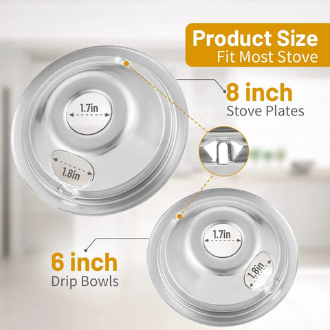 Four Piece Chrome Electric Stove Drip Pans Set for GE Stoves, showing 6 and 8 inch pans details and dimensions.