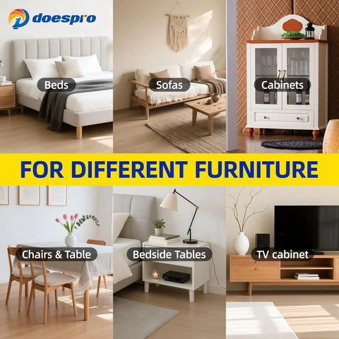 Image showing beds, sofas, cabinets, chairs and tables, bedside tables, and TV cabinets, highlighting their compatibility with 16 Pack Large Square Furniture Sliders Three Point Five Inch Heavy Duty Movers For Hardwood Floors And Carpet Reusable Floor Protectors Chair Glides Move Sofas And Tables Solo Easy Reduce Scratches Gray.