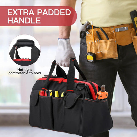 Pro Grade 16 Inch Tool Bag Organizer With 17 Pockets And Adjustable Shoulder Strap For Men And DIYers held by person
