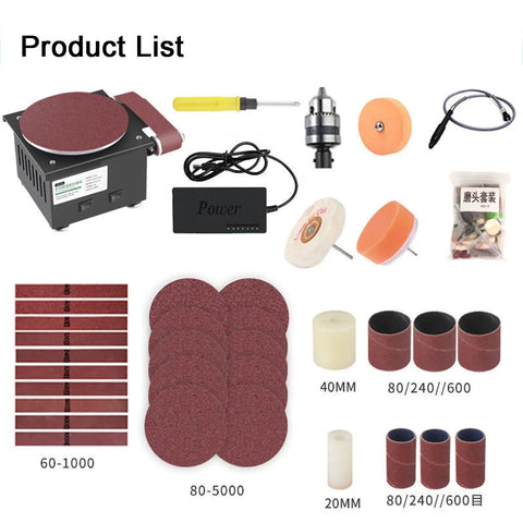 Heavy Duty Electric Mini Disc Sander And Bench Grinder With Belt Sanding Option accessories including sanding discs and tools.