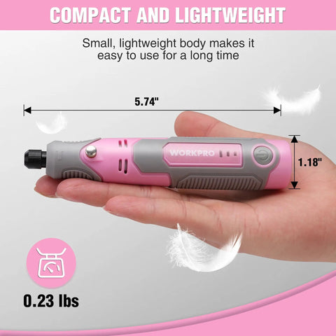 Compact Cordless Rotary Tool Kit With 71-Piece Accessory Set, 3 Speeds in pink, hand-held for engraving, sanding, polishing, cutting.