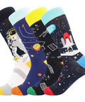 Crazy Colorful Mens Dress Socks For Men Size 8 To 12 Crew Length Dope Patterned Dress Socks That Stand Out At Work With Colorful Stripes And Comfortable Cotton Blend, featuring space-themed designs.