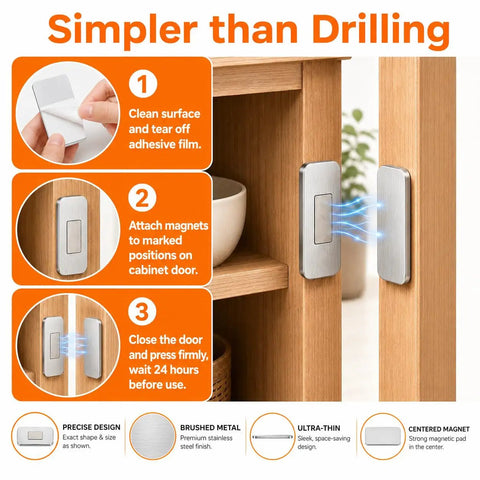Ultra Thin Magnetic Cabinet Catch With No Drill Adhesive Mount installation steps on wooden cabinet, stainless steel latch shown