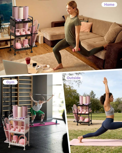 3 Tier Gym Storage Rack For Home Gym Multi Functional Weight Rack Dumbbell Rack Yoga Mat Holder With Side Basket And 6 Hooks