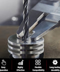 Marvelity Premium 131-piece Helicoil kit: close-up of twist drill and metal discs held by a clamp