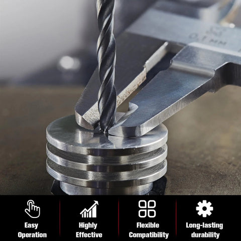 Marvelity Premium 131-piece Helicoil kit: close-up of twist drill and metal discs held by a clamp