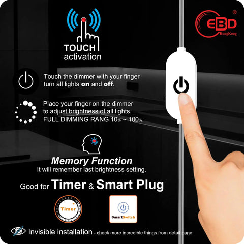 Touch dimmer feature of Under Cabinet LED Light Bar Kit Six Pack 12 Inch Plug In Dimmable Lighting, no messy wires visible.