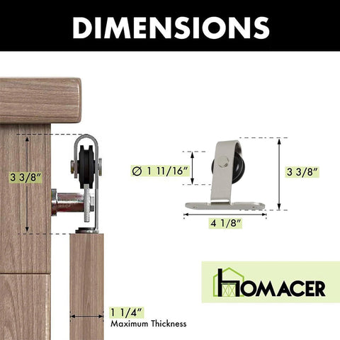 Mini Brushed Nickel Sliding Barn Door Hardware Kit For Double Doors With 60 Inch Flat Track And Bent T Shape Rollers Non Bypass Design Ideal For Cabinets TV Stands Consoles Closets And More, showing dimensions of maximum thickness and roller height.