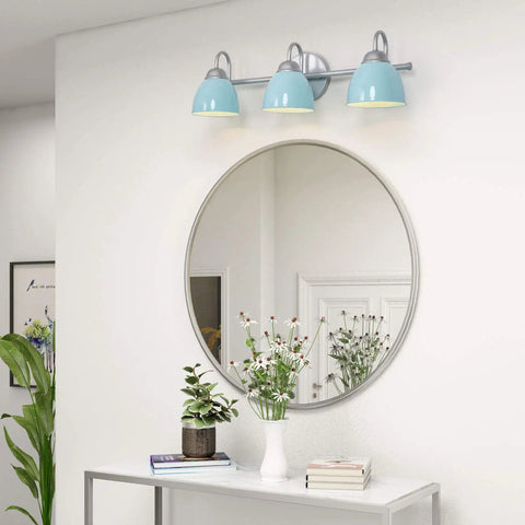 Blue Metal Shade Three Light Vanity Light With Brushed Nickel Finish Over Mirror For Bathroom Bedroom And Hallway, 21.5 Inch Length