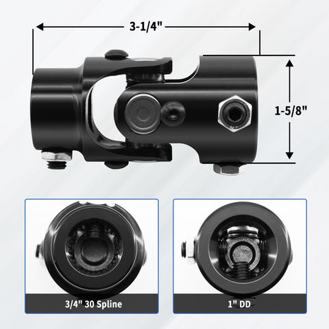 1 Inch Double D To Three Quarter Inch 30 Spline Steering Shaft Universal Joint Coupling, Direct Replacement, Single U Joint, 35 Degree Max