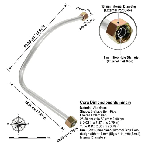 Slick 16mm Inner Diameter Air Compressor Hose Exhaust Tube With 11mm Stepped Outlet And Sturdy Hex Fittings For Metric Piston Pumps, aluminum 7-shape design.
