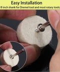 Pro Grade Rotary Tool Polishing Kit With Buffing Wheels And Felt Wool Pads Polish Compound Grinding Heads Point Tips And Mandrels One Eighth Inch Shanks Ideal For Jewelry And Metal Polishing Gear close-up of felt wool pad and mandrel for rotary tool.