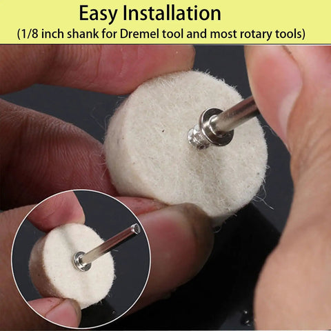Pro Grade Rotary Tool Polishing Kit With Buffing Wheels And Felt Wool Pads Polish Compound Grinding Heads Point Tips And Mandrels One Eighth Inch Shanks Ideal For Jewelry And Metal Polishing Gear close-up of felt wool pad and mandrel for rotary tool.