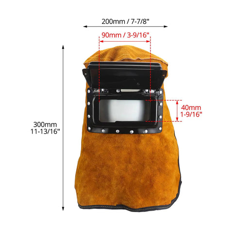 Leather Welding Hood With Flip Open Lens For Easy On Off Protection Cowhide Welding Mask Head Neck Shield with dimensions