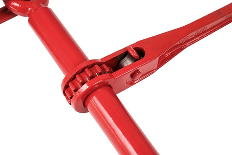 Close-up of Heavy Duty Ratchet Load Binders With Grab And Slip Hooks Five Sixteenths To Three Eighths Inch, red forged steel mechanism.